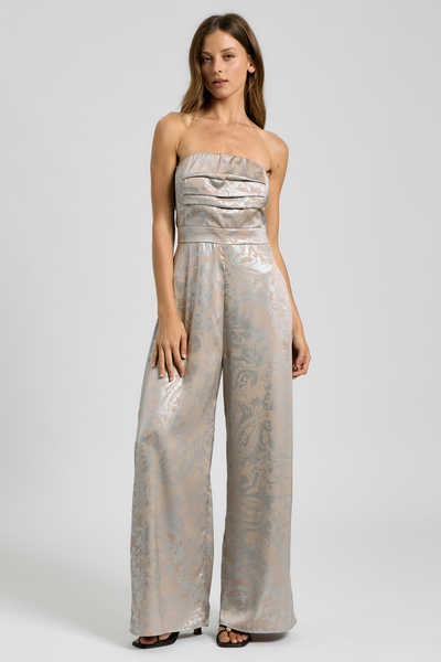 JACQUARD STRAPLESS PLEATED WIDE LEG JUMPSUIT