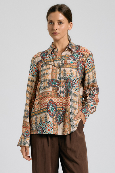 PATCHWORK PAISLEY PRINT BUTTON-DOWN SATIN SHIRT