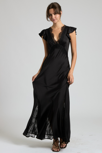 LACE TRIM FLUTTER SLEEVE SATIN MAXI DRESS