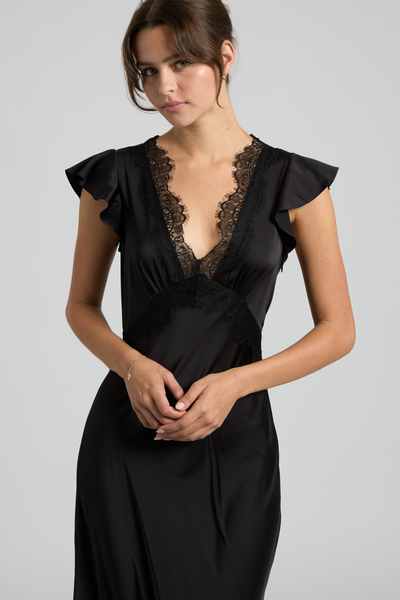 LACE TRIM FLUTTER SLEEVE SATIN MAXI DRESS