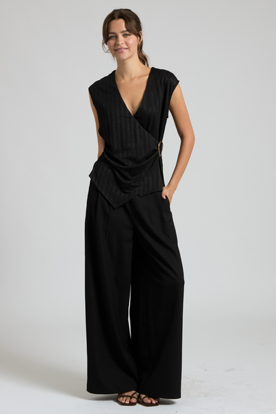 TEXTURED WRAP KNIT TOP & SATIN WIDE LEG PANTS SET