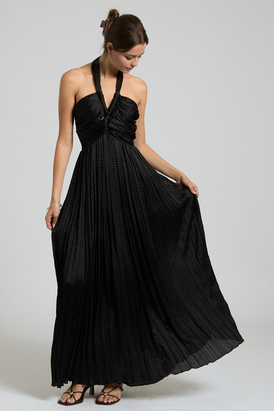 CRINKLE PLEATED HALTER SMOCKED MAXI DRESS
