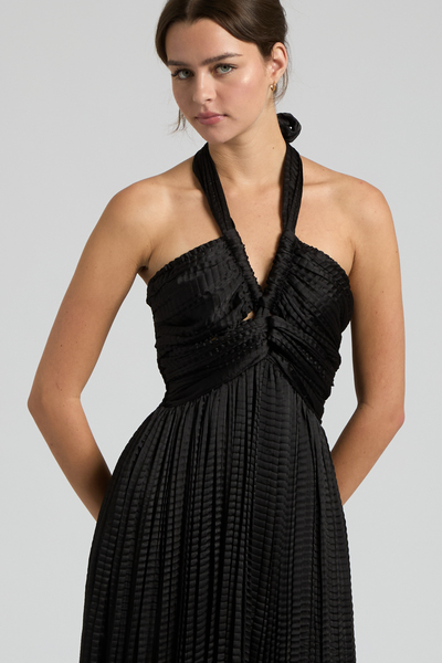 CRINKLE PLEATED HALTER SMOCKED MAXI DRESS