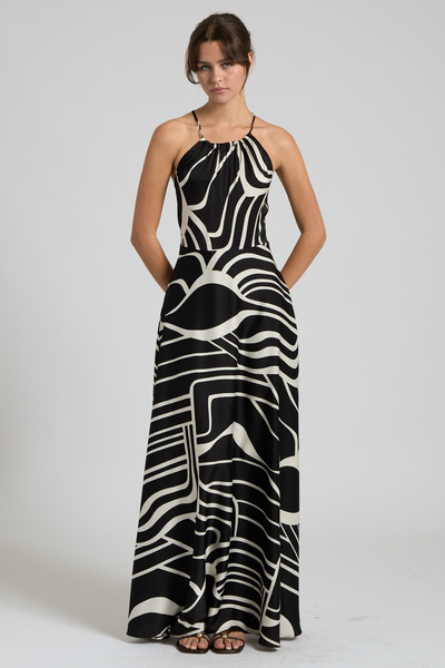 ABSTRACT PRINT HALTER NECK SATIN MAXI DRESS