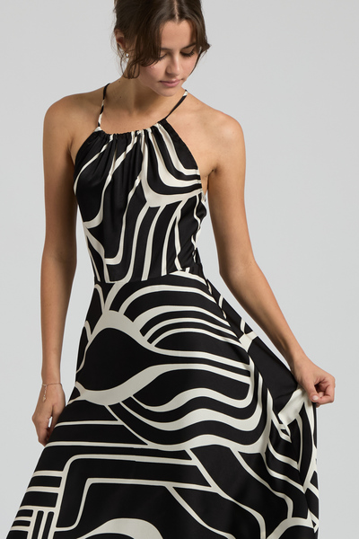 ABSTRACT PRINT HALTER NECK SATIN MAXI DRESS