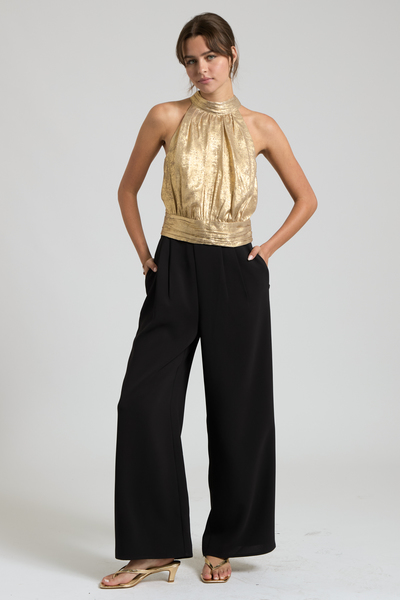 FOILED HALTER MOCK NECK TOP & WIDE-LEG PANTS SET
