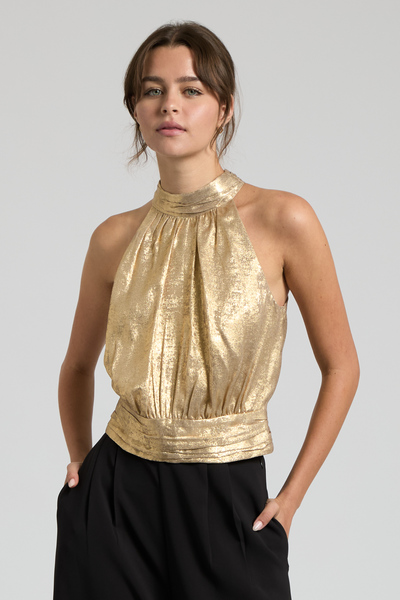 FOILED HALTER MOCK NECK TOP & WIDE-LEG PANTS SET