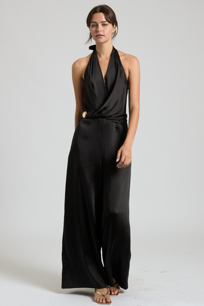 TWISTED WAIST BELTED HALTER WIDE-LEG JUMPSUIT