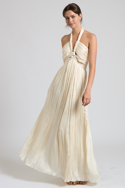 CRINKLE PLEATED HALTER SMOCKED MAXI DRESS