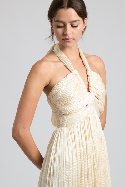 CRINKLE PLEATED HALTER SMOCKED MAXI DRESS