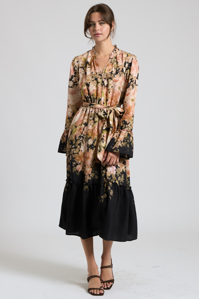 FLORAL BORDER PRINT RUFFLE NECK MIDI DRESS