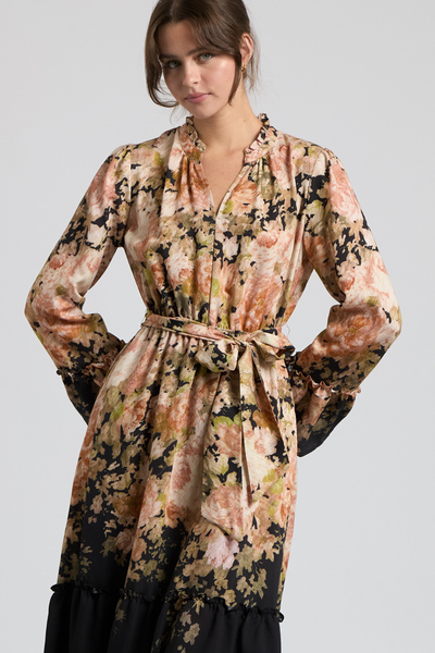 FLORAL BORDER PRINT RUFFLE NECK MIDI DRESS