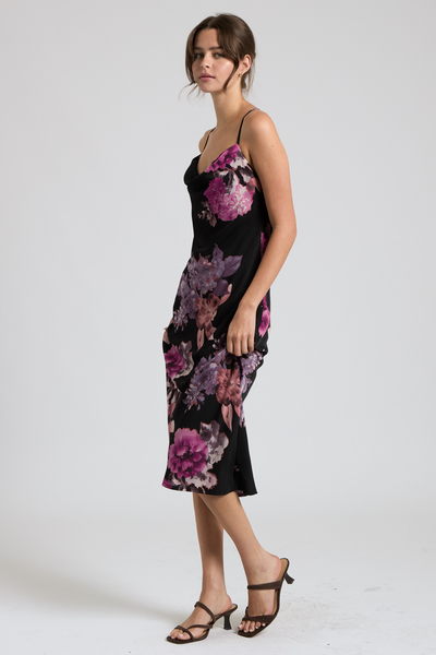 FLORAL COWL NECK BIAS SATIN MIDI DRESS