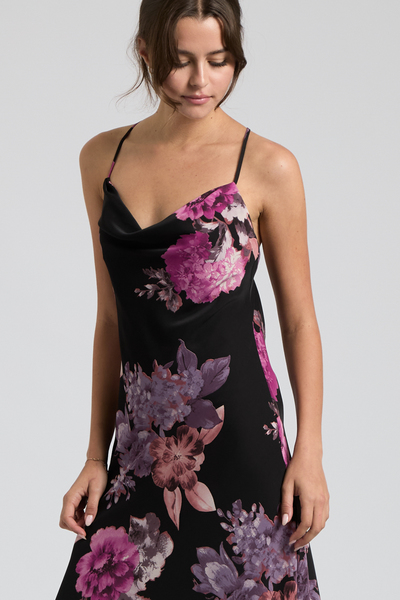 FLORAL COWL NECK BIAS SATIN MIDI DRESS