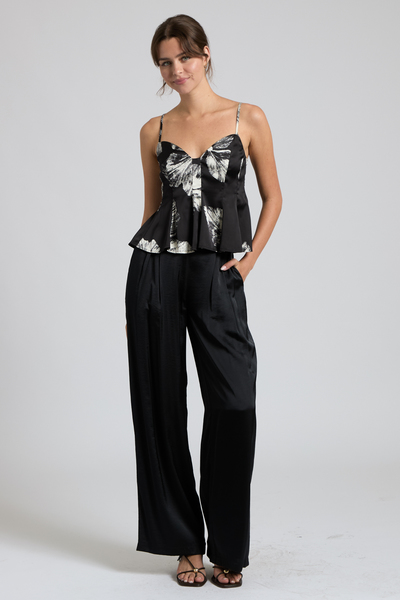SATIN FLORAL CAMI PEPLUM TOP & WIDE LEG PANTS SET