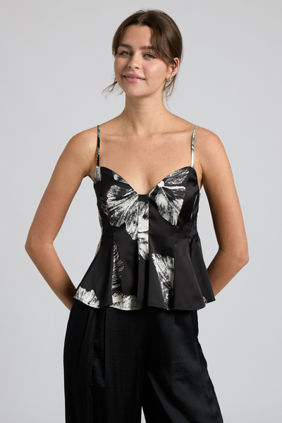 SATIN FLORAL CAMI PEPLUM TOP & WIDE LEG PANTS SET