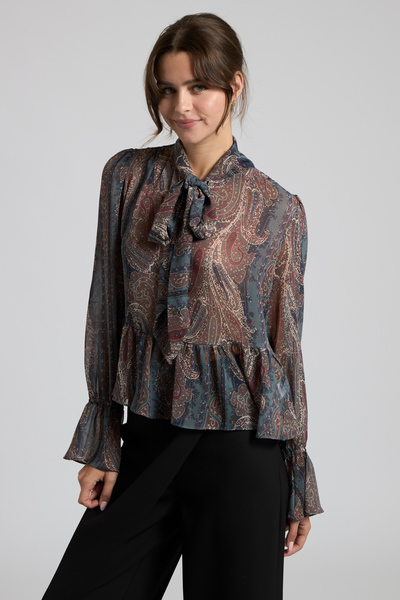 PAISLEY TIE-NECK CHIFFON PEPLUM BLOUSE