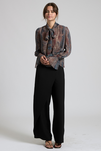 PAISLEY TIE-NECK CHIFFON PEPLUM BLOUSE