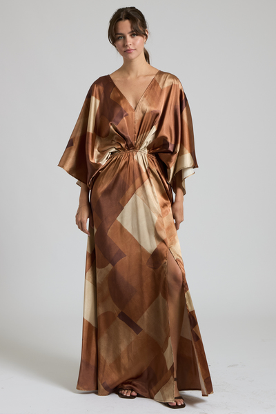 SATIN KIMONO SLEEVE ABSTRACT MAXI DRESS