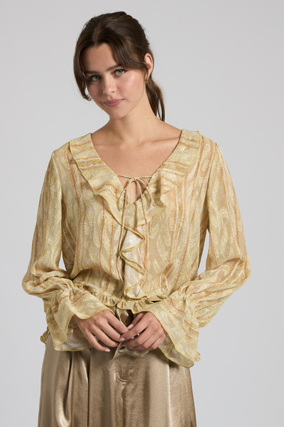 TEXTURED CHIFFON RUFFLE TIE-FRONT BLOUSE
