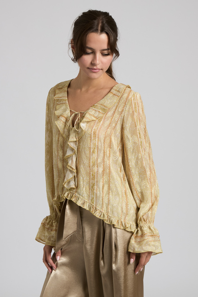 TEXTURED CHIFFON RUFFLE TIE-FRONT BLOUSE