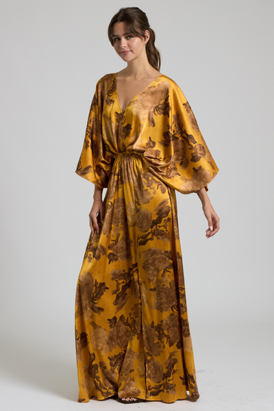 SATIN FLORAL KIMONO SLEEVE MAXI DRESS