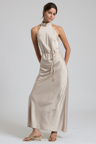 MOCK NECK SLEEVELESS BELTED MAXI DRESS