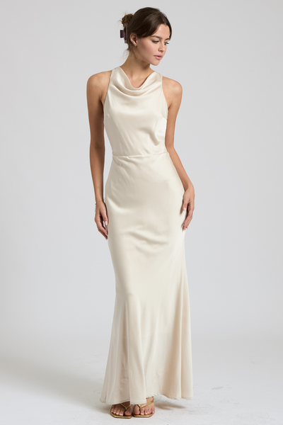DRAPED HIGH NECK CROSS BACK SATIN MAXI DRESS