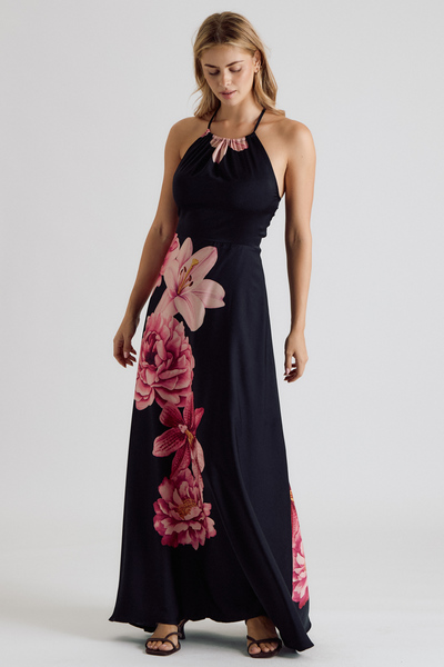 FLORAL HALTER NECK DEFINED WAIST MAXI DRESS