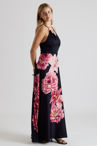 FLORAL HALTER NECK DEFINED WAIST MAXI DRESS