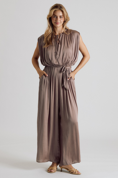 RUFFLE NECK SLEEVELESS TIE WAIST WIDE LEG JUMPSUIT