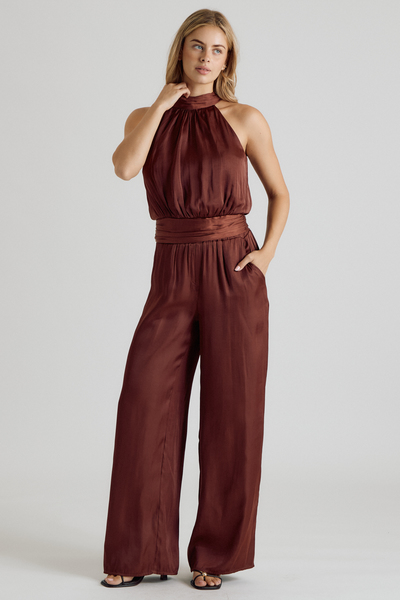 SATIN HALTER TIE WAIST WIDE LEG PANT SET