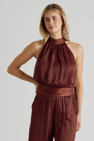SATIN HALTER TIE WAIST WIDE LEG PANT SET