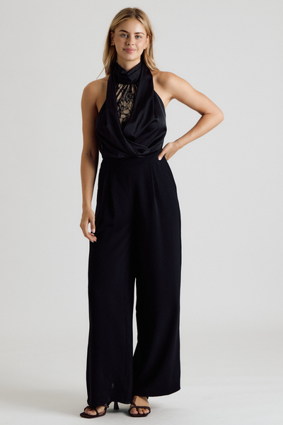 LACE SATIN DRAPED HALTER JUMPSUIT