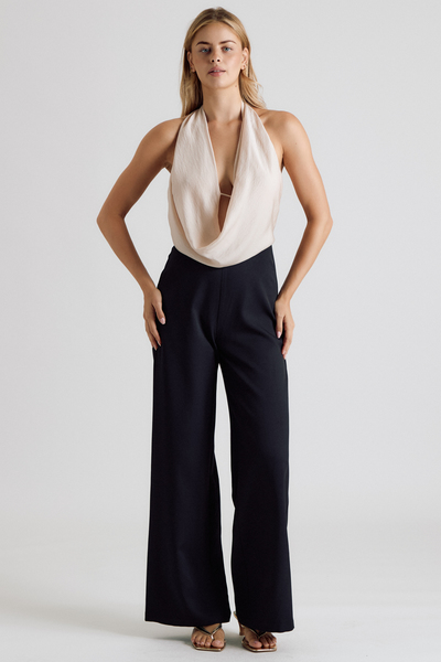SATIN DEEP COWL NECK HALTER COLOR MIX JUMPSUIT