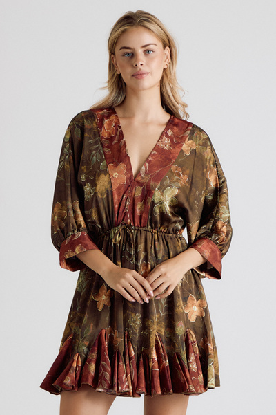 FLORAL CONTRAST RUFFLE HEM MINI DRESS