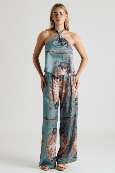 SCARF PRINT HALTER WIDE LEG PANT SET