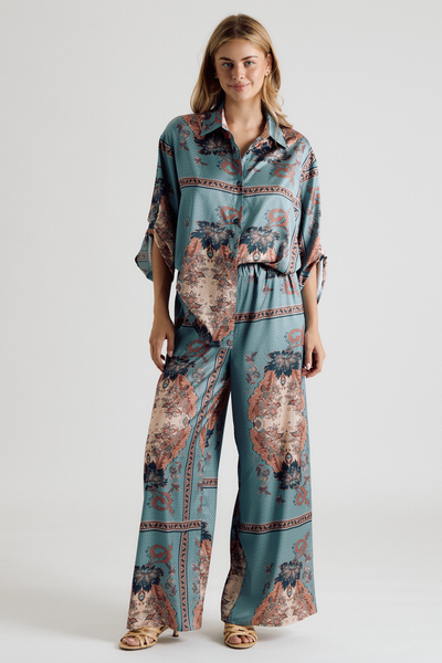 PRINTED BUTTON DOWN SHIRT AND WIDE LEG PANTS SET