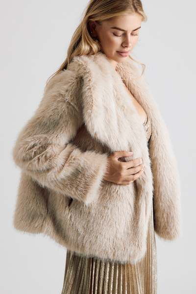 LONG SLEEVE OPEN FRONT FAUX FUR COAT