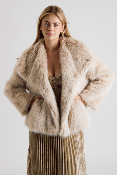 LONG SLEEVE OPEN FRONT FAUX FUR COAT