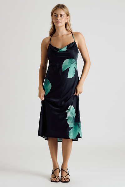 FLORAL COWL NECK OPEN BACK MIDI DRESS