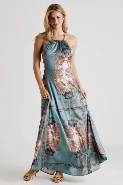 HALTER NECK PRINTED CROSS BACK MAXI DRESS