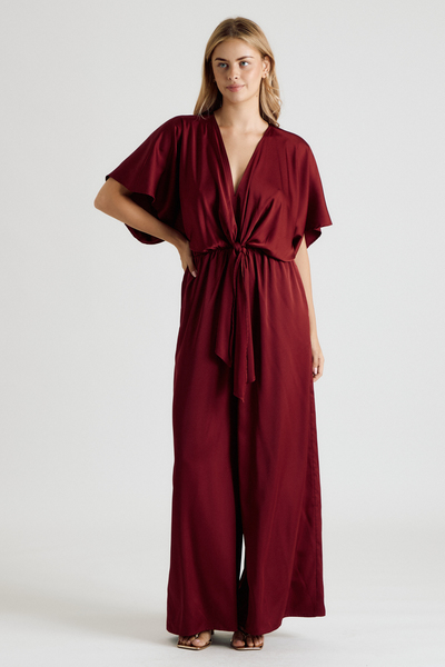 KIMONO SLEEVE TIE FRONT WIDE LEG JUMPSUIT