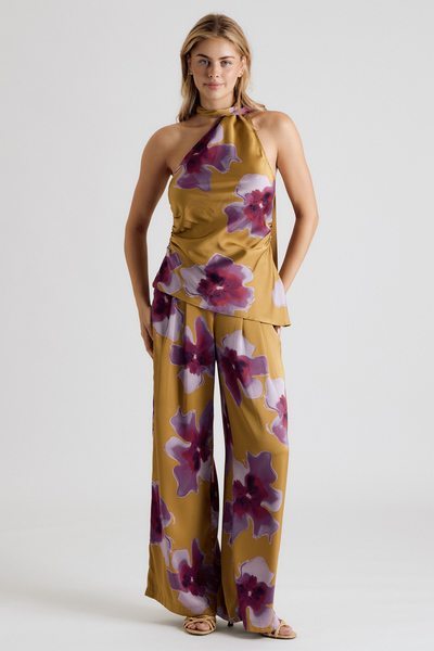 FLORAL PRINT HALTER NECK WIDE LEG PANTS SET
