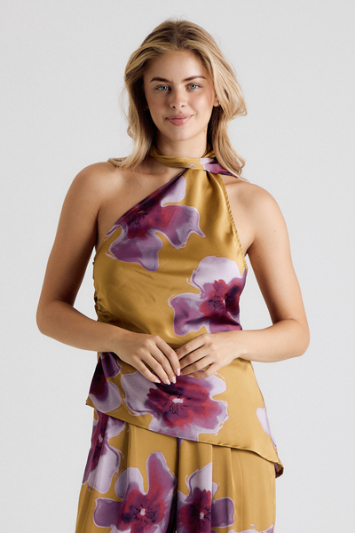 FLORAL PRINT HALTER NECK WIDE LEG PANTS SET