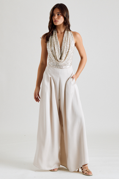 SEQUIN COWL NECK WIDE LEG JUMPSUIT