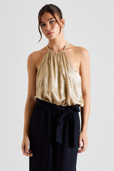 METALLIC HALTER BELTED WIDE LEG JUMPSUIT