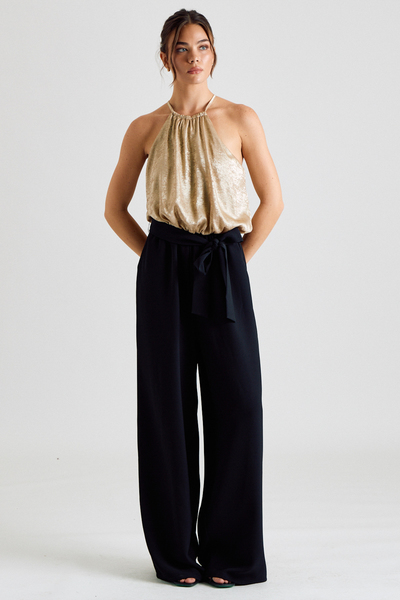 METALLIC HALTER BELTED WIDE LEG JUMPSUIT