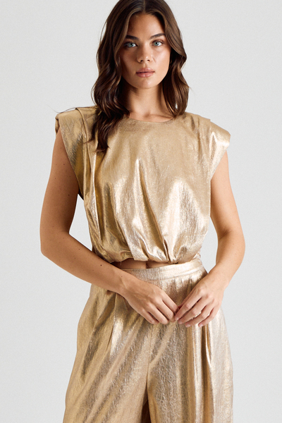 METALLIC SHOULDER PAD WIDE LEG PANTS SET