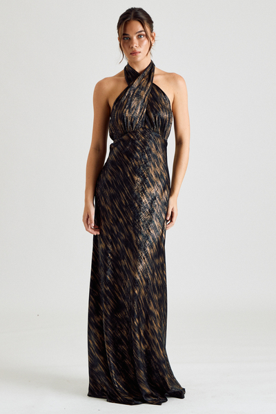 METALLIC CROSS HALTER MAXI DRESS